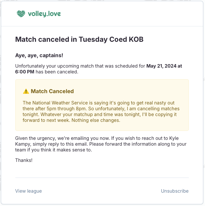 Match canceled email example