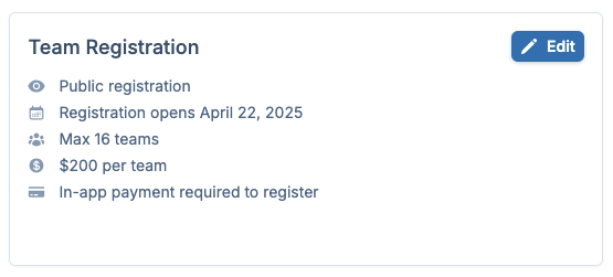 team registration summary overview